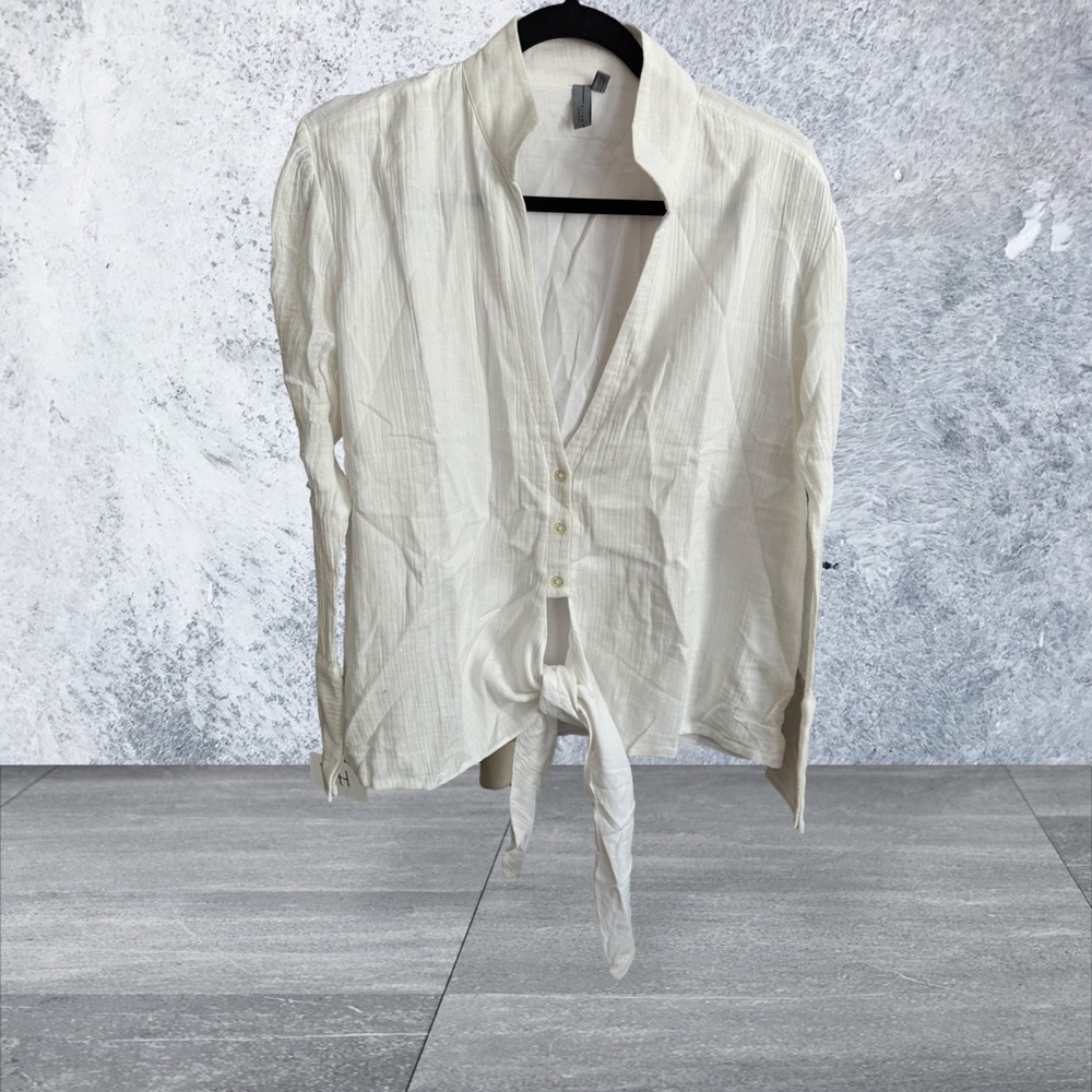 Bl^nk London White Gauze Button Down Blouse with  bottom Tie. NWOT